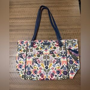 Sakroots Peace Bird Multicolor Floral Folk Tote with Navy Straps, EUC